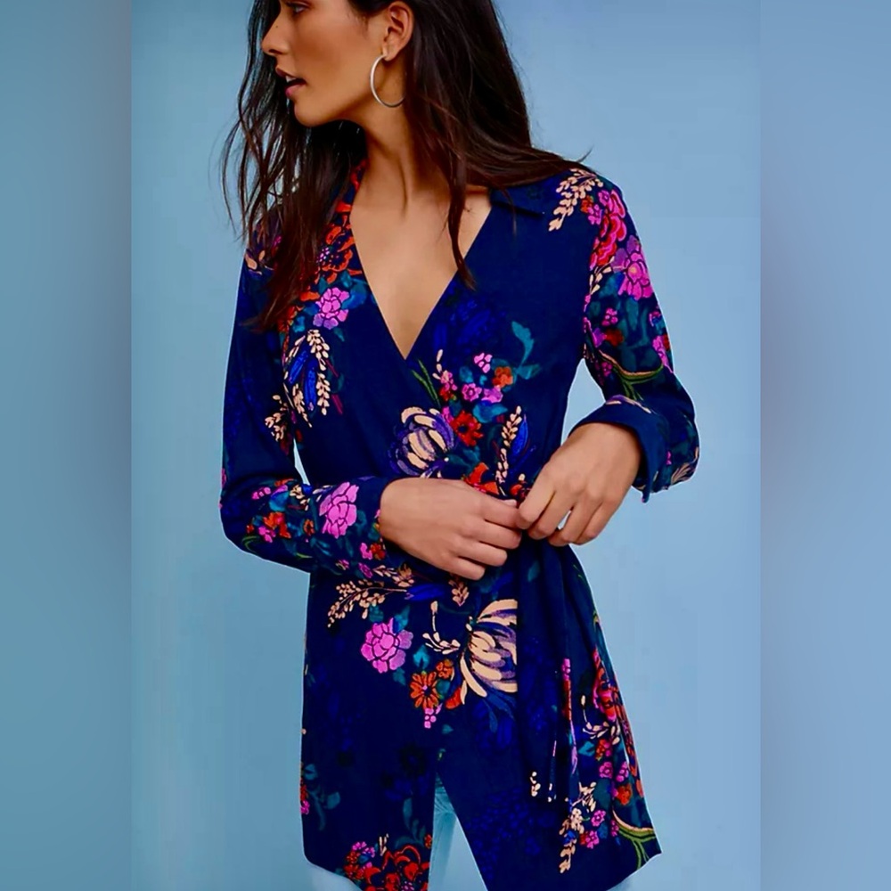 Maeve Blue Floral Wrap Blouse